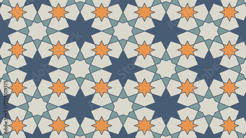 Seamless vector pattern with intricate Islamic geometric design featuring repeating stars and polygons in blue, orange, and beige, ideal for backgrounds, textiles, and decorative elements.