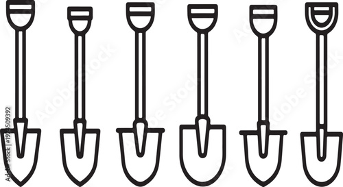Seven black and white shovels lined up in a row on a white background. Vector