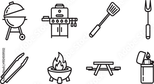 Essential tools and equipment for outdoor cooking and camping Vector