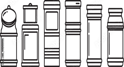 Assorted containers including jars, bottles, and canisters in a row Vector