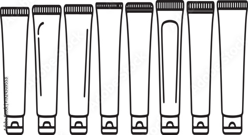 Eight identical empty tubes lined up in a row on a white background Vector