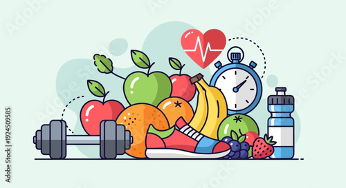 Healthy lifestyle essentials with fitness gear and fresh fruits