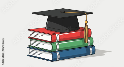 Vibrant graduation cap sitting on stack of colorful books