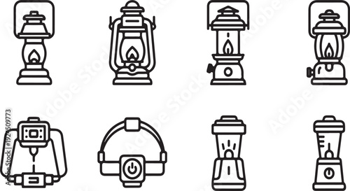 A collection of vintage and modern lanterns and lamps for various uses and settings Vector