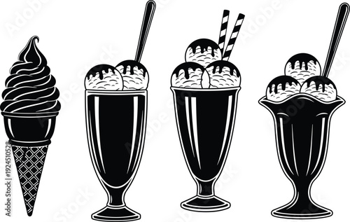 Black and white ice cream dessert silhouettes featuring cones popsicles and sundae glasses, vintage vector illustration for summer treats, menu design, retro food branding