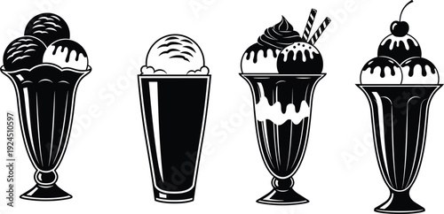 Black and white ice cream sundae silhouettes featuring classic dessert glasses with scoops syrup and cherries, elegant vector illustration for menu dessert branding and retro design