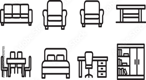 A collection of simple icons representing various types of furniture. Vector