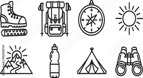 Essential gear and symbols for an adventurous hiking expedition in the wilderness Vector