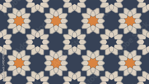Seamless geometric pattern vector with intricate star and floral shapes in a repeating grid, featuring a dark blue background with light beige and orange accents, ideal for web backgrounds