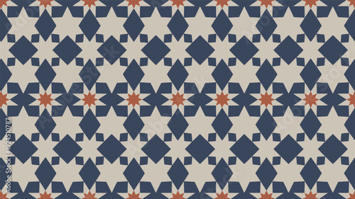 Seamless geometric pattern vector with repeating beige diamonds, dark blue squares, and small orange star shapes, ideal for textile, wallpaper, and digital backgrounds.