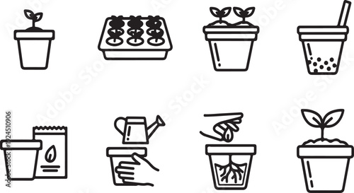 Illustrations of gardening activities and tools for growing plants Vector