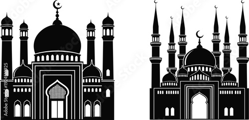 Black and white mosque silhouette illustrations featuring Islamic architecture with domes and minarets, elegant vector design for religion, culture, Ramadan themes, and spiritual branding