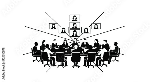 black and white illustration of business people in a meeting with remote workers on screens