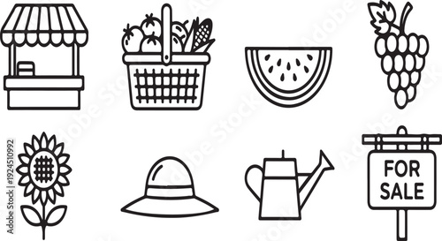 A collection of icons representing gardening and outdoor activities. Vector