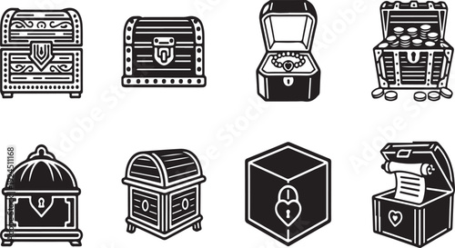 A collection of eight distinct treasure chests, each with unique designs and features. Vector
