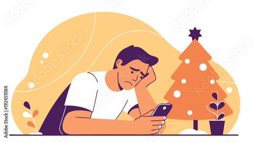 Sad man looking at his phone next to a decorated Christmas tree indoors.