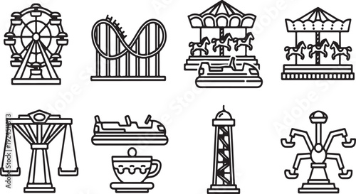 A diverse collection of amusement park rides and attractions Vector