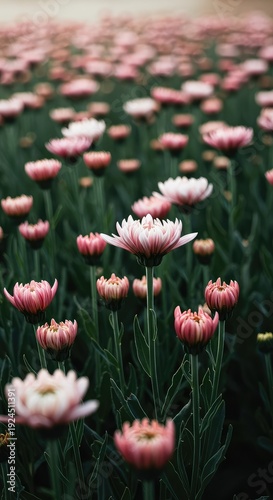 A field of delicate white and pink flowers with closed petals, suggesting the anticipation of full bloom under soft daylight exposure, anticipation, nature, outdoor