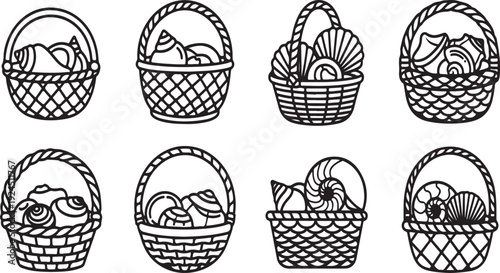 Assorted baskets filled with various items in a simple line drawing Vector