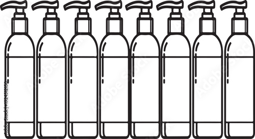 A row of eight identical plastic bottles with pump dispensers. Vector