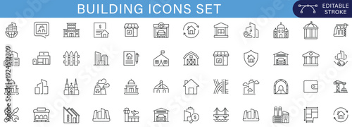 Minimal outline building icon set featuring residential houses, commercial properties, landmarks, real estate and urban architecture symbols for web, app, UI and infographic design.