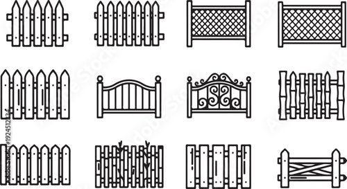 A collection of various fence designs and styles depicted in black and white Vector