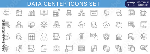 Modern data center and cloud computing icons set featuring server, database, cybersecurity, hosting, monitoring, and network infrastructure concepts in clean outline style.
