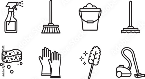 Assorted cleaning tools and supplies arranged in a grid pattern Vector