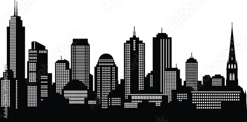 Black City Skyline Silhouette Vector Illustration, Modern and Historic Urban Downtown Panorama, Tall Skyscraper Buildings, Corporate Financial District Architecture, Metropolis Background Graphic