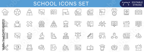 Modern school and education icon collection with editable stroke design. Perfect for classroom, academic, e-learning, web, mobile app, presentation and educational materials.