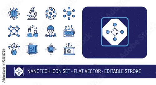 Nanotechnology icon set featuring flat vector graphics and editable stroke showcasing various scientific elements and molecular structures