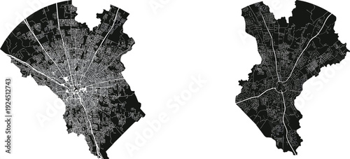Black and white abstract city map vector set with detailed street grid, urban layout silhouette, and modern minimalist cartography wall art design