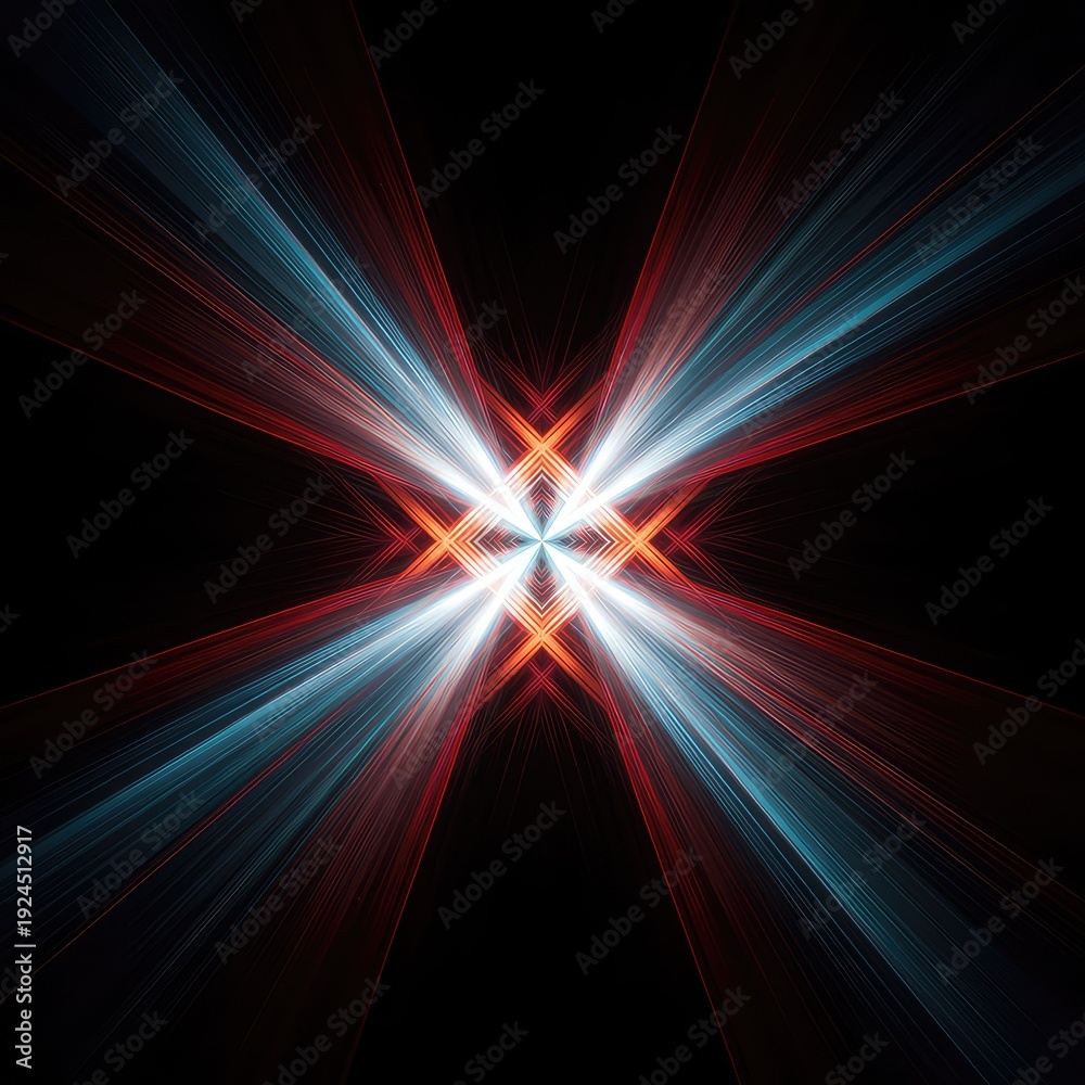 Obraz premium Abstract geometric design with intersecting colorful light rays and spectral gradients creating a modern optical effect and complex visual space, geometry, three dimensional, colorful