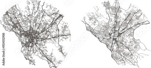 Detailed grayscale city map vector set with radial urban layout, highlighted districts, intricate street network, and minimalist modern cartography poster design