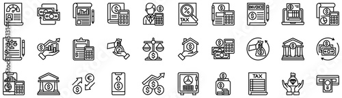 Renewable Energy icons collection. Vector illustration. Business credit score, Exchange rate, Financial statement, Bookkeeping, Accountant, Income. Pro Vector