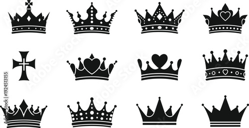 Black crown silhouette illustration set featuring royal king and queen crowns, luxury monarchy symbols collection isolated on white background for heraldry, branding and design