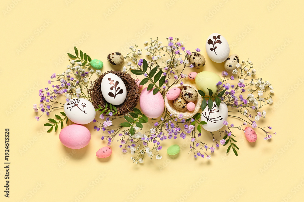 Fototapeta premium Easter eggs with beautiful gypsophila flowers and leaves on beige background