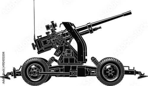 Black and white anti aircraft artillery gun silhouette, military weapon cannon on wheels, army defense equipment, isolated on white background.