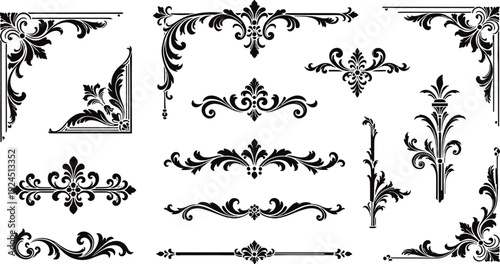 Vintage ornamental flourish vector set with decorative baroque borders, corner frames, and elegant floral dividers in classic black Victorian style