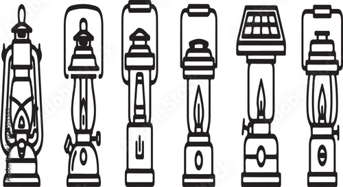 A variety of vintage lanterns and lamps in a row, showcasing different designs and styles. Vector