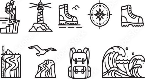 Adventure icons representing various outdoor activities and equipment Vector