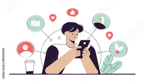 Modern person using a smartphone, surrounded by icons representing social media, communication, and digital networking.