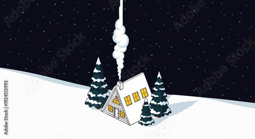 Charming winter night illustration featuring a snow-covered cottage, warm glowing windows, smoke from chimney, and evergreen trees under a starry sky.