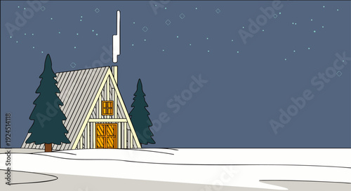 Cozy A-frame cabin in a snowy winter landscape with pine trees and falling snow