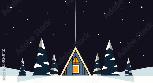 Cozy A-frame cabin nestled in a snowy forest under a starry night sky, inviting winter scene