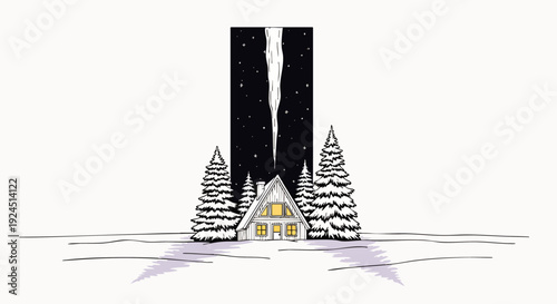 Cozy A-frame cabin nestled among snow-covered pine trees under a starry night sky with a tall, dark structure