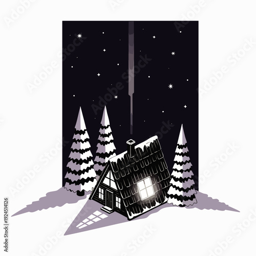 Cozy cabin in snowy forest at night with stars and moonlight shining through the window
