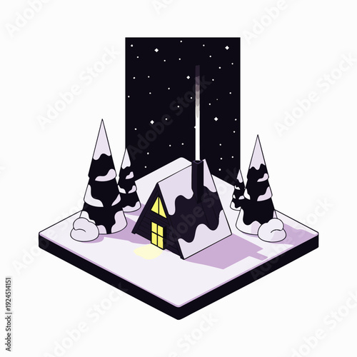 Cozy winter cabin under a starry night sky, snow-covered trees and warm glowing windows create a peaceful, idyllic scene.