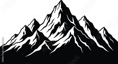 Black silhouette of a majestic mountain range with jagged peaks, outdoor nature landscape element vector icon for hiking and travel.