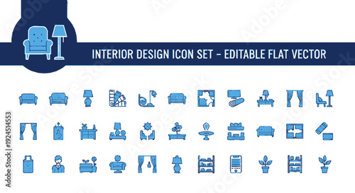 Collection of 30 blue interior design icons on white background for home decor and furniture design projects